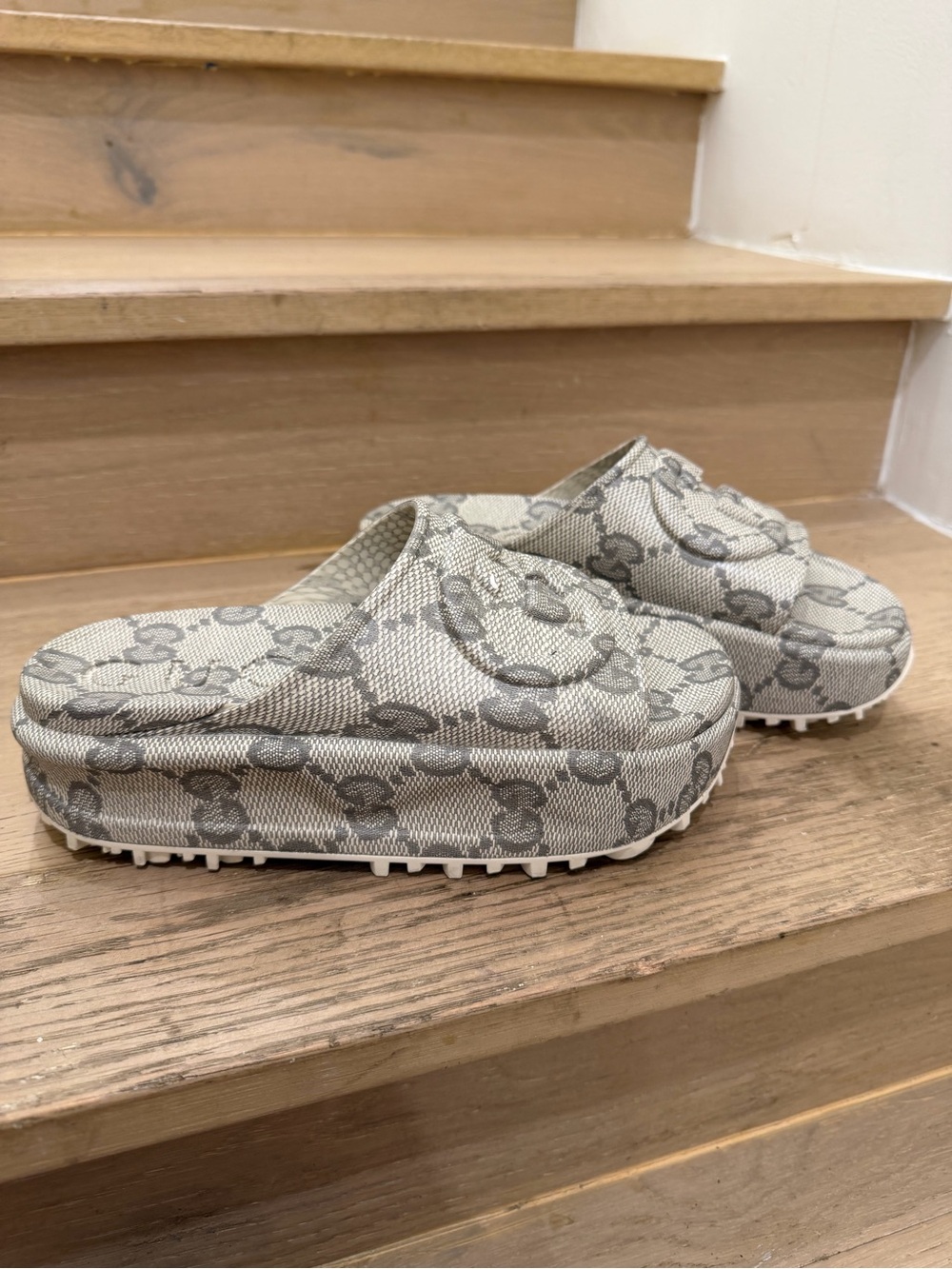 Gucci Gray Monogram Platform Slide Sandals